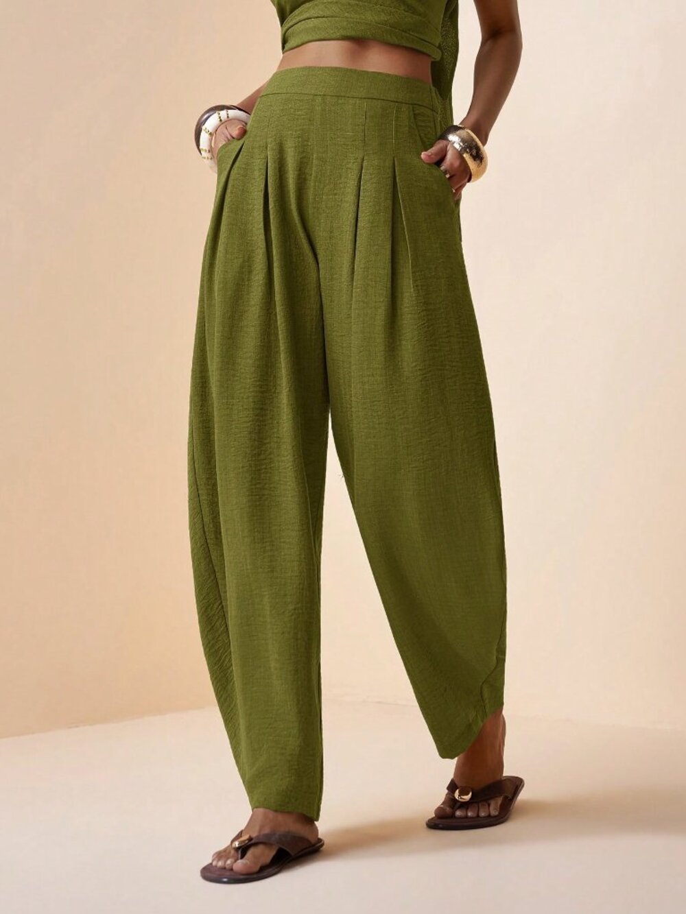 Army Green Casual Women's French-Style Pleated Pants - Picture 4 of 8